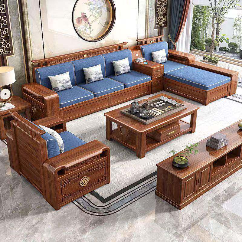 新中式实木发沙组合雕花大小户型用转角贵妃608冬夏厅两储物款客