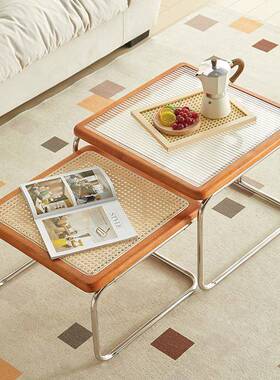 钢子创意母茶几钢化玻璃实木框藤编桌板不锈骨架客厅可移动边DXJ