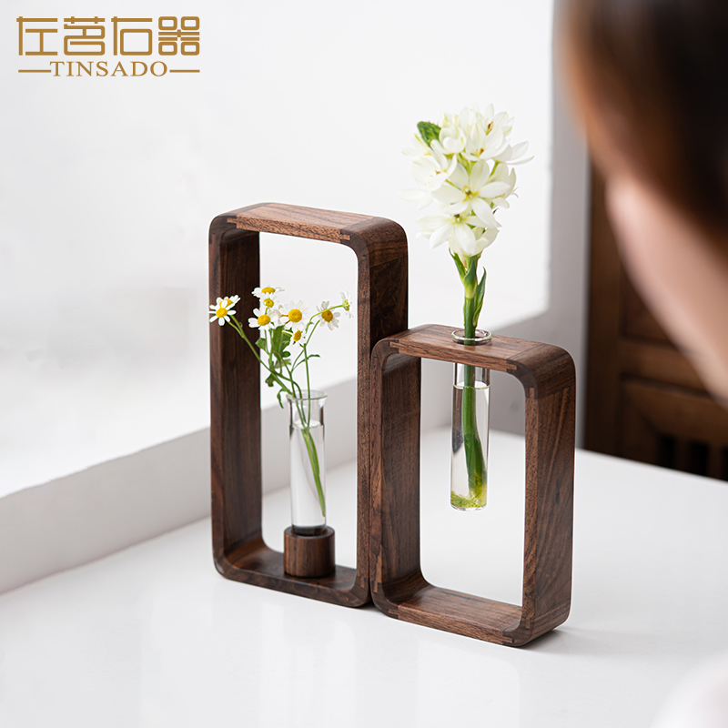 左茗右器胡桃木架试管花瓶水养绿植家用摆件客厅茶室干花插花器