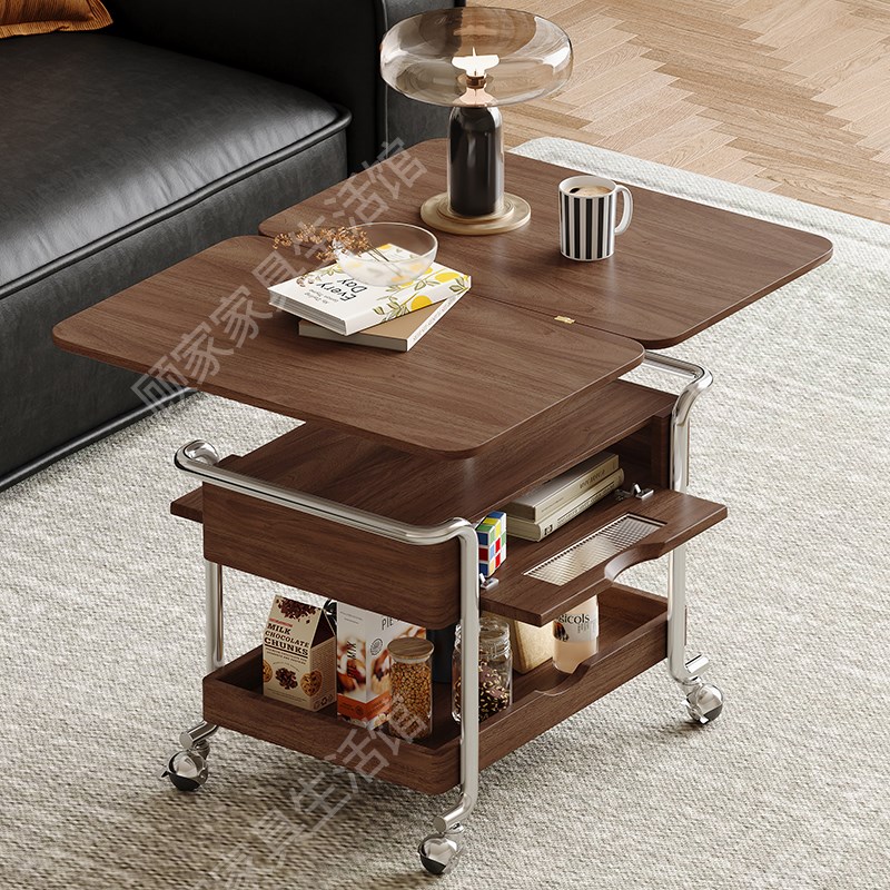 全实木中古风小推车客厅两用可移动折叠可移动小推桌升降茶几边几