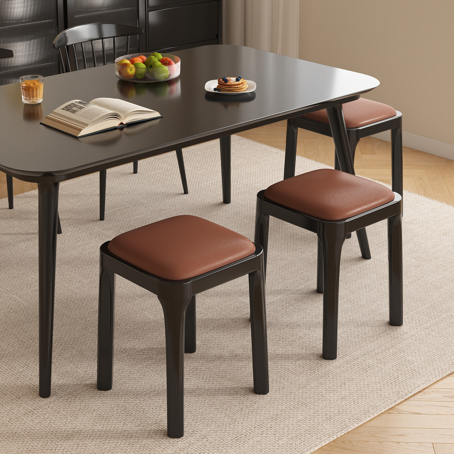 实木凳子家用可叠放板凳结实圆凳子木头方凳加厚软包餐椅餐桌坐凳