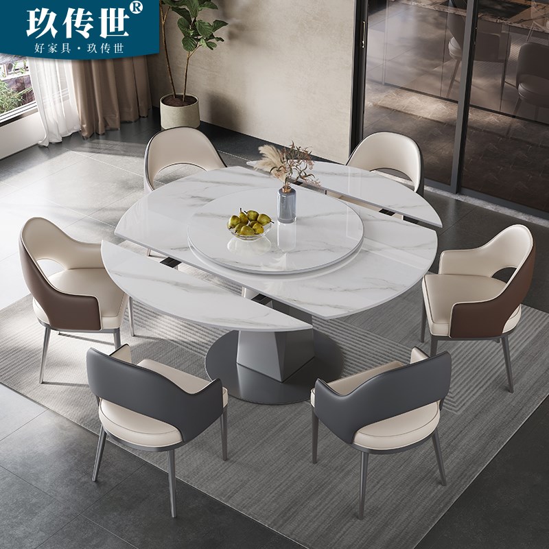 高端新型岩板餐桌椅伸缩超晶石家用小户型方圆两用微晶石圆形餐桌