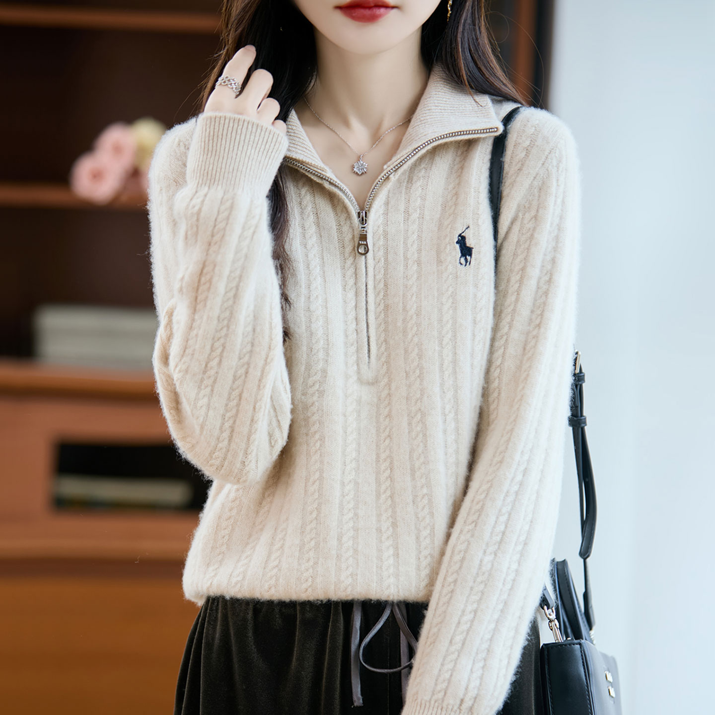 半开领羊毛衫女100纯羊毛