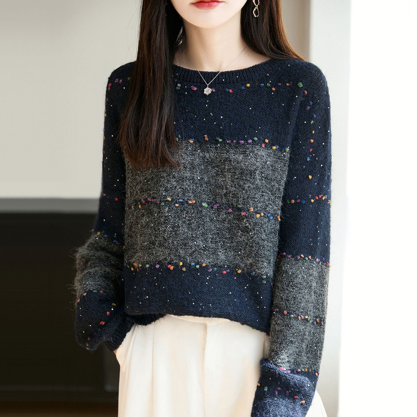 圆领羊毛衫女100纯羊毛