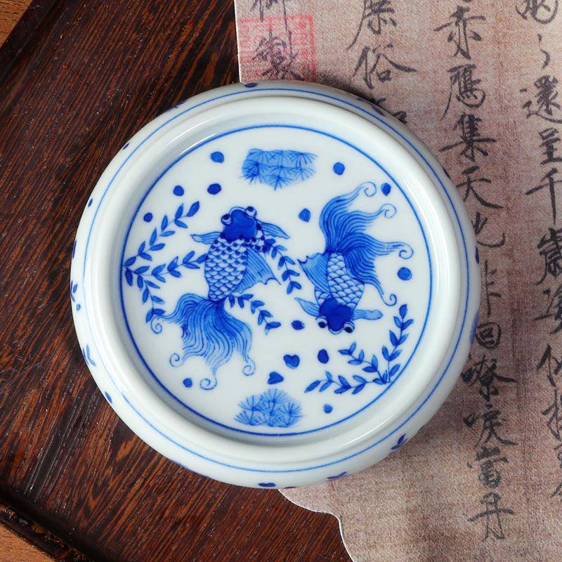 陶瓷青花盖置手绘茶玩纯手工摆件家用茶器壶承盖托茶道零配件