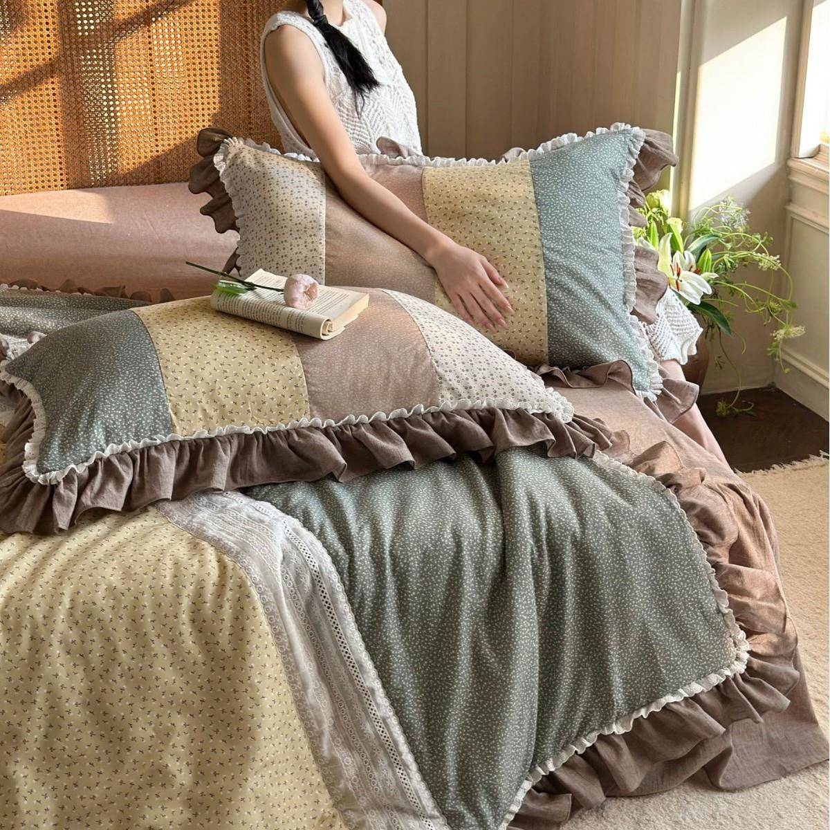 法式田园少女纯棉四件套全棉碎花拼接水洗棉被套床裙款床上用品