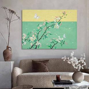 顺丰春暖花开纯手绘油画客厅桃花蝴蝶挂画黄绿撞色装饰画餐厅肌理