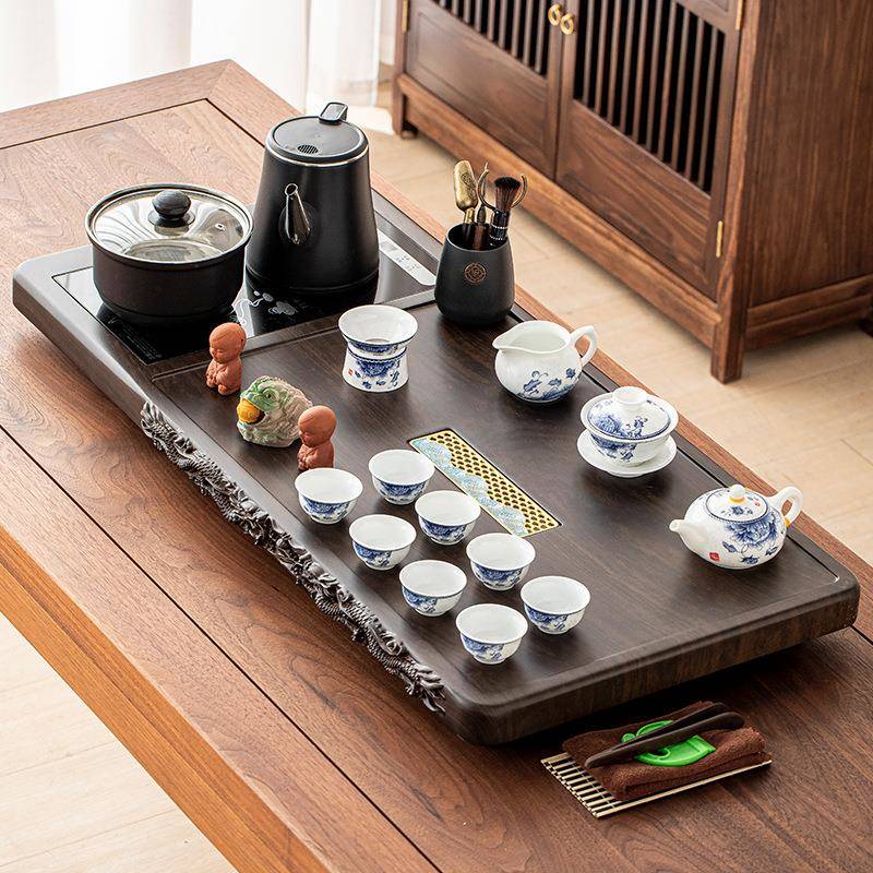 茶具套装家用整套功夫竹木边雕双龙加厚茶盘四合一玻璃烧水壶茶台