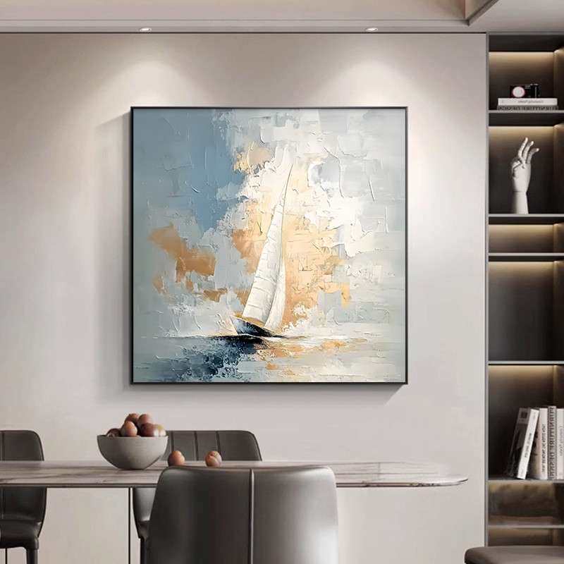 《沧海云帆》一帆风顺手绘油画大芬村方形餐厅挂画帆船客饭厅壁画