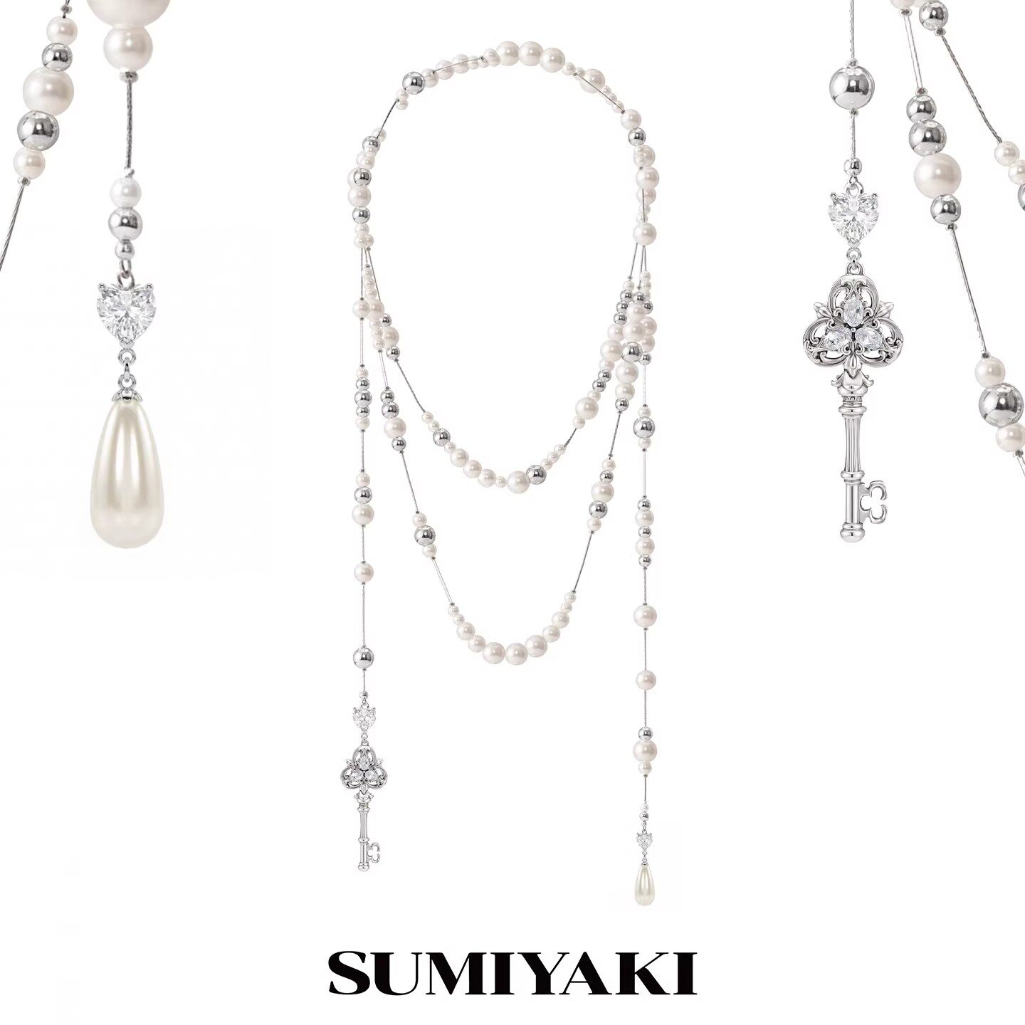 SUMIYAKI 爱锁芯钥匙水滴破碎珍珠长款叠戴项链