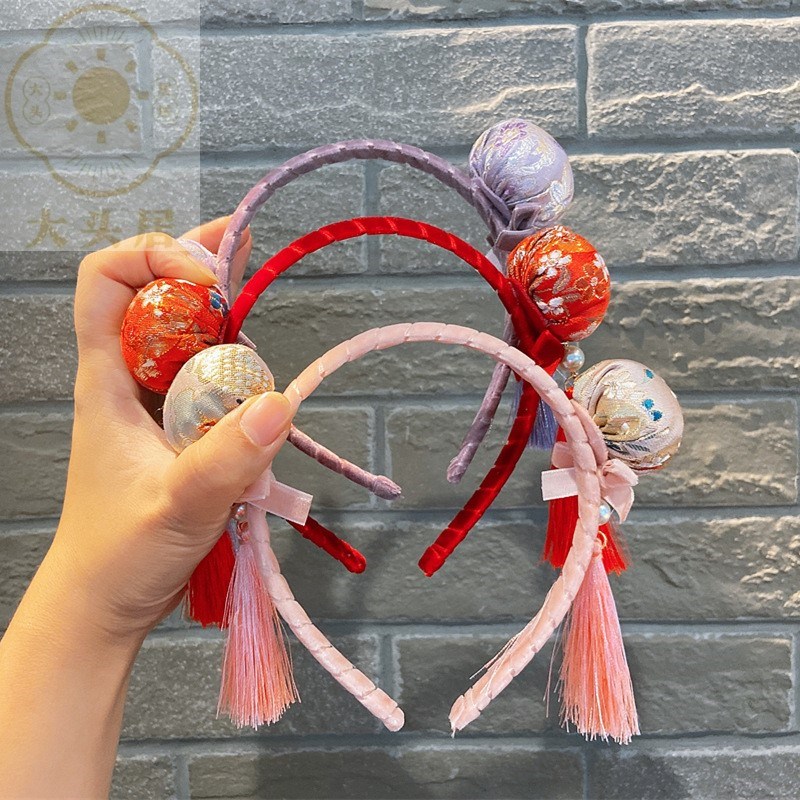 中国风唐装花苞流苏儿童发箍宝宝节日新年大红旗袍头箍少女头扣