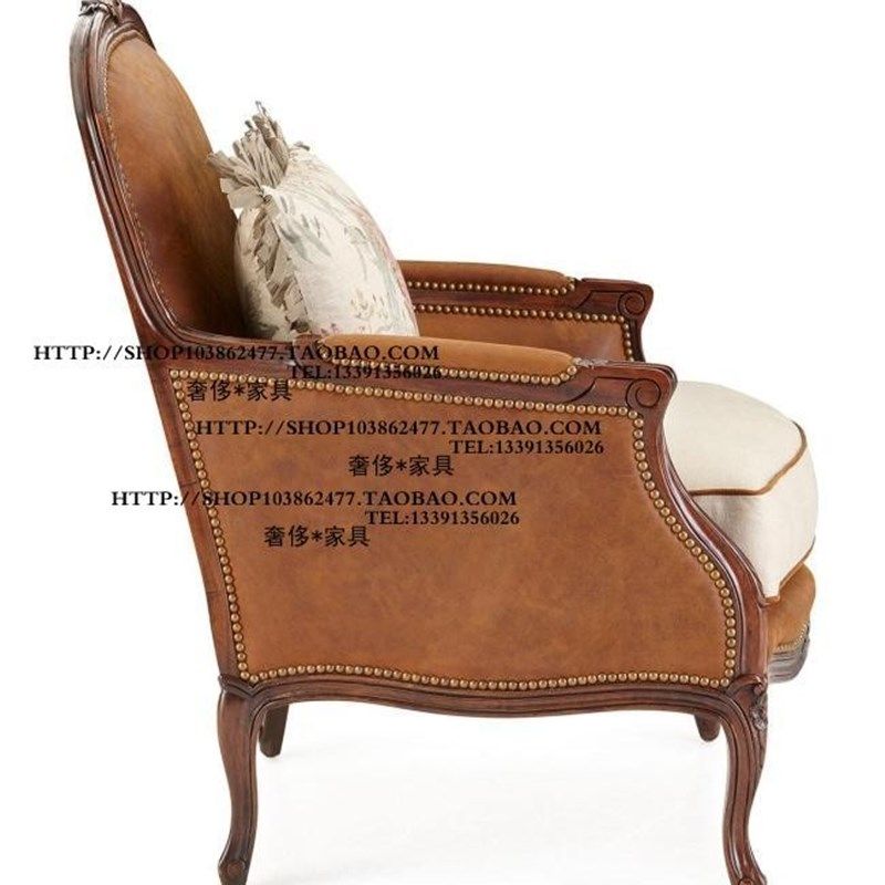 法国法式乡村风格实木雕花铆钉油蜡皮布艺单人位沙发椅洽谈椅家具,住宅家具,实木沙发,淘宝优惠券,粉丝福利购,淘宝优惠卷