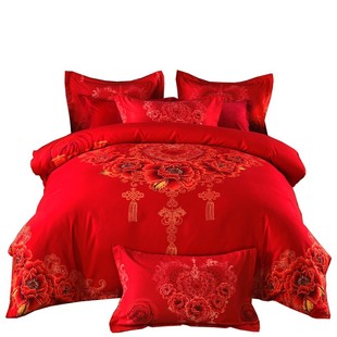 全棉婚庆四件套双人大红色1.8m 2.0米床新婚结婚纯棉被套床单式