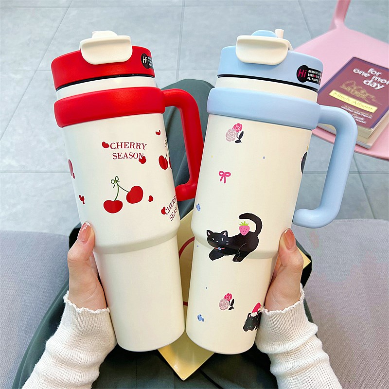 新款双饮冰霸杯女可爱大容量吸管保温杯办公室带手柄巨无霸水杯子