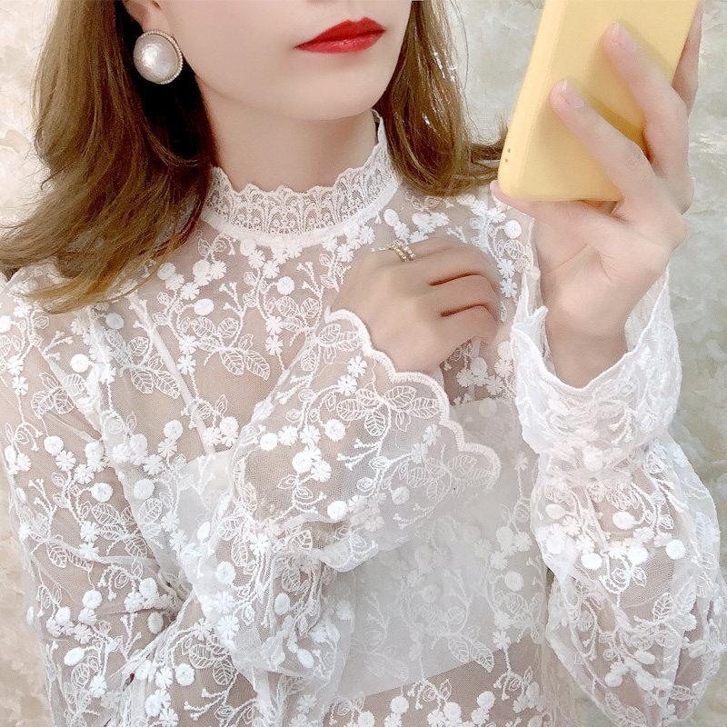 气质半高领蕾丝打底衫女秋冬新款洋气内搭喇叭袖镂空高档网纱上衣,女装/女士精品,蕾丝衫/雪纺衫,淘宝优惠券,粉丝福利购,淘宝优惠卷