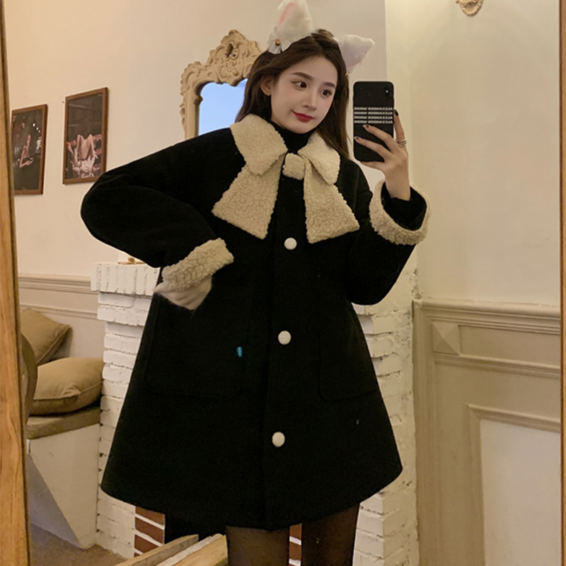 大码女装2021冬季羊羔绒拼接蝴蝶结设计宽松夹棉加厚毛呢外套大衣