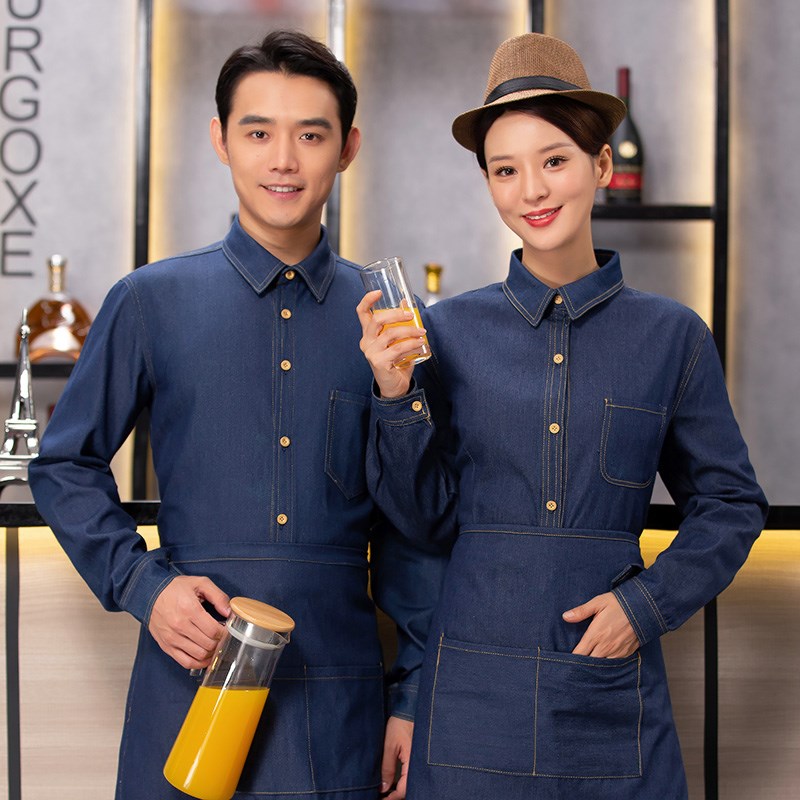 牛仔衬衣饭店火锅西餐服务员男女短袖酒店奶茶餐饮工作服定制夏季