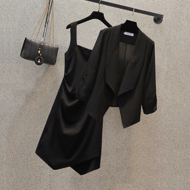 胖mm洋气遮肚显瘦雪纺小西装外套内搭吊带连衣裙套装裙女春夏大码,女装/女士精品,时尚套装,淘宝优惠券,粉丝福利购,淘宝优惠卷