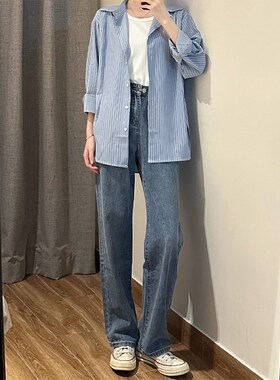 蓝色窄版阔腿牛仔裤女2024夏季新款胖妹妹mm高腰宽松显瘦直筒长裤