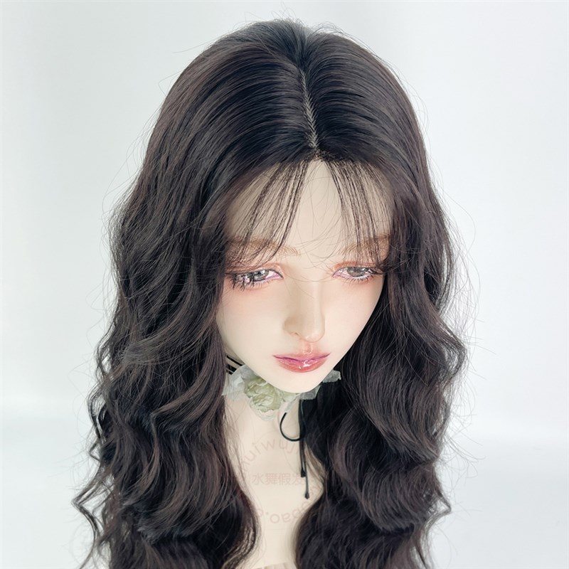 蕾丝假发全头套女卷发中分大波浪小额手钩黑色八字刘海手勾羊毛卷