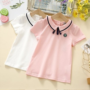 女童POLO衫短袖翻领t恤夏装纯棉童装儿童学院风白色时尚新款上衣