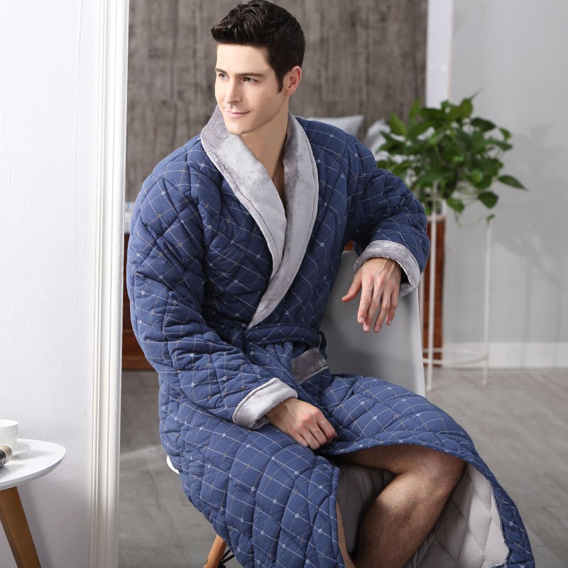 毕求美秋冬季男士浴袍加厚保暖睡衣纯棉夹棉睡袍长款全棉浴衣男款