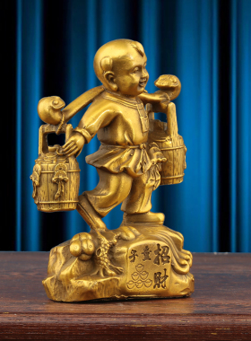 纯铜运财童子摆件金属挑财童子善财童子家居办公室桌面门店工艺品