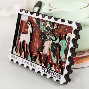 敦煌壁画邮票冰箱贴三层立体博物馆文创木质九色鹿立体压便签礼品