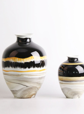 新中式陶瓷花瓶摆件金属窑变色客厅玄关电视酒柜装饰品样板间摆设