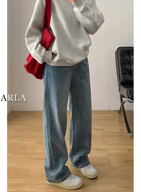 蓝色直筒牛仔裤女秋冬新款加绒大码胖mm显瘦梨形身材宽松阔腿裤子
