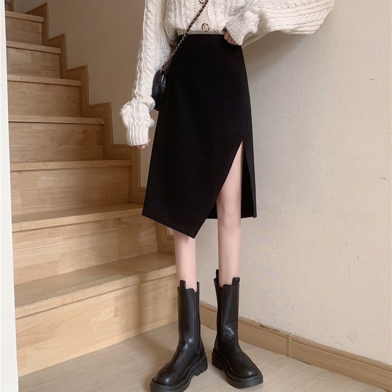 胖mm港风黑色开叉半身裙女大码中长款2020秋冬高腰a字显瘦包臀裙