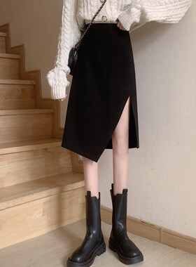 胖mm港风黑色开叉半身裙女大码中长款2020秋冬高腰a字显瘦包臀裙