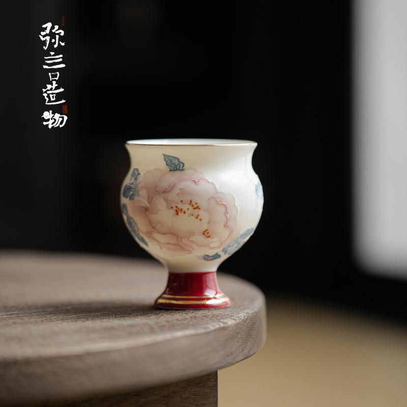 弥言纯手绘牡丹高足主人杯女士专用茶杯高脚杯高档描金品茗杯功夫