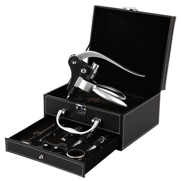 现货抽屉皮盒酒具套装木盒兔型开瓶器套装合金兔耳开酒器8件套