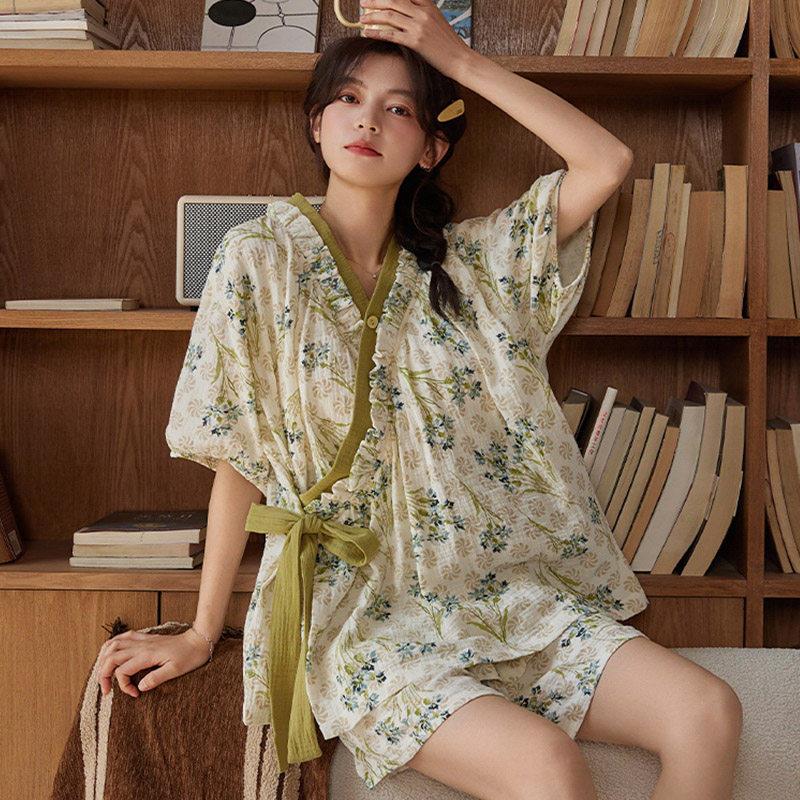 晚眠带胸垫睡衣女款夏季短袖2025汗蒸服和服日系家居服两件套装