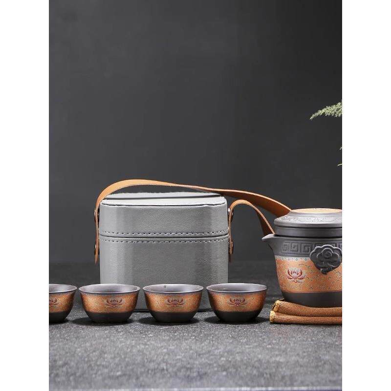 景德镇汝窑便携式高档紫砂旅行茶具套装带茶盘一壶四杯旅游茶具