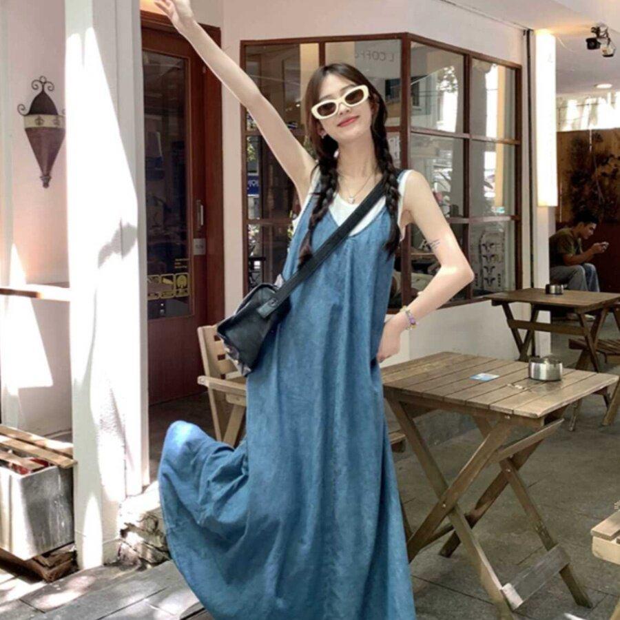 孕妇牛仔洋装背心夏季复古牛仔吊带洋装V领长裙松弛感裙伞裙