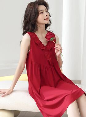 吊带睡裙女士夏季莫代尔无袖背心睡衣红色本命年薄款夏款坎肩中裙