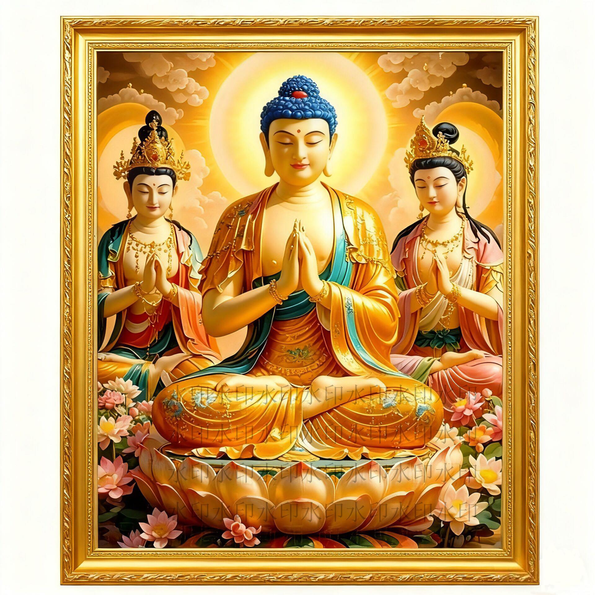 带框钻石画满钻圆钻方钻手工贴钻绣客厅玄关竖版新款佛像西方三圣