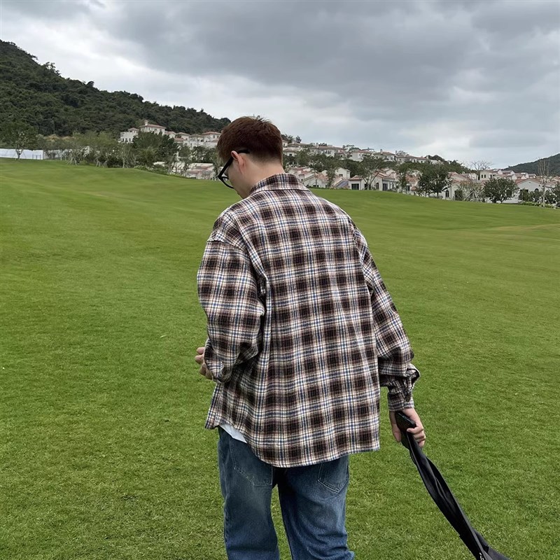 咖色复古格子衬衫男女春秋款防晒设计感撞色叠穿时尚休闲衬衣外套