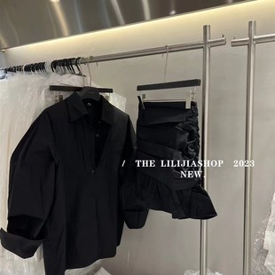 宽松长袖 新款 衬衫 高腰皱褶鱼尾裙短裙时尚 女 MIDO家 套装 2024春季