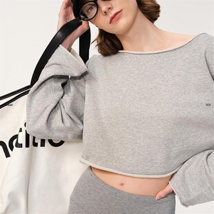 asomesome美式斜肩一字肩两穿露肩卫衣女春新款宽松休闲短上衣