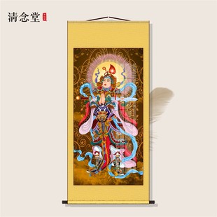 韦陀天菩萨画像楼至佛丝绸挂画玄关书房走廊沙发背景墙客厅装 饰画