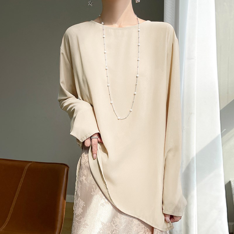 乔其纱高货轻薄微透圆领衬衫女长袖t恤宽松开叉外搭空调防晒罩衫