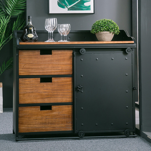 LOFT工业风餐边柜铁艺储物柜子茶水台复古做旧餐厅备餐柜碗柜酒柜