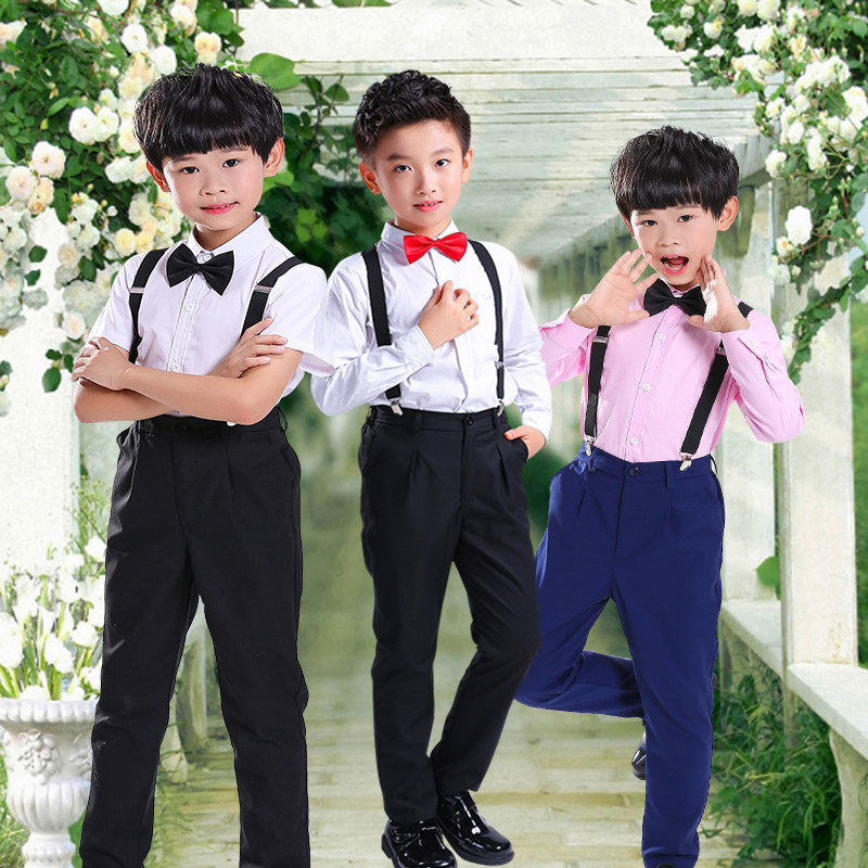 男童白衬衣黑裤子套装学生表演长袖白衬衫婚礼花童春秋季演出礼服