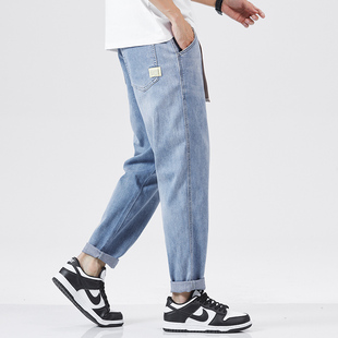 汉斯卡浅蓝色九分牛仔裤男夏季薄款宽松直筒弹力水洗工装长裤子男