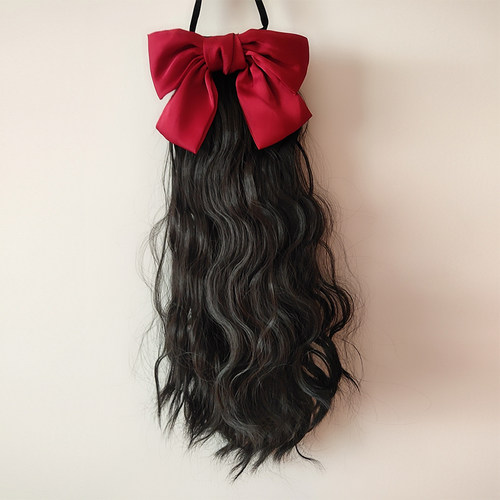 马尾假发女长发蝴蝶结假发马尾水波纹绑带式中长发假马尾卷发辫子