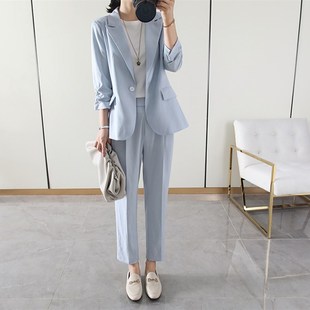 时尚又清新 21夏季薄款七分袖外套+九分烟管裤金线西装休闲套装女