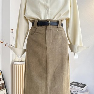卡其色灯芯绒直筒裙半身裙女2025春秋中长款 复古高腰后开叉裙子